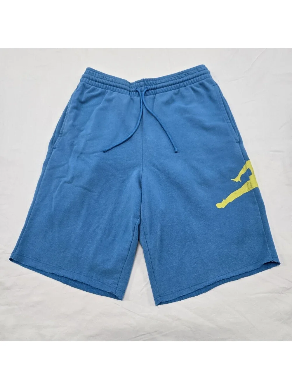 Size SMALL Mens Air Jordan Light Blue Fleece Sweat Shorts Yellow Jumpman Graphic